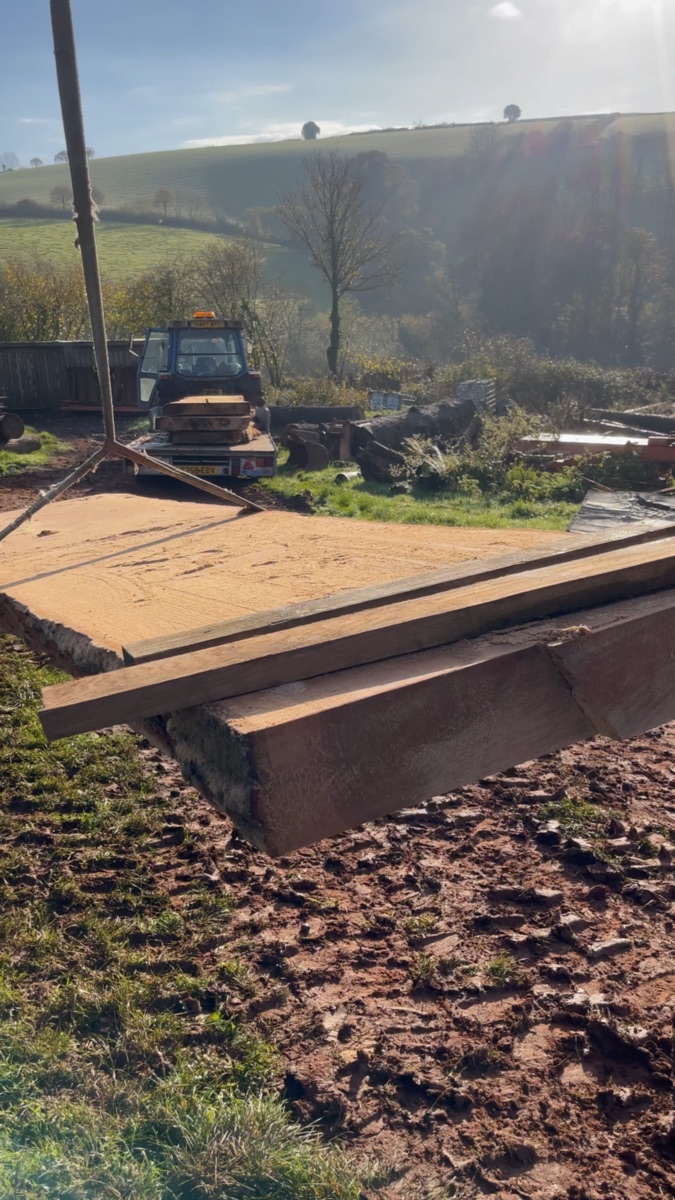 Sawn timber pieces with natural edges in a rural working yard